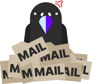 Rigorous Raven is angry and covered in a pile of folders all labeled 'MAIL'.