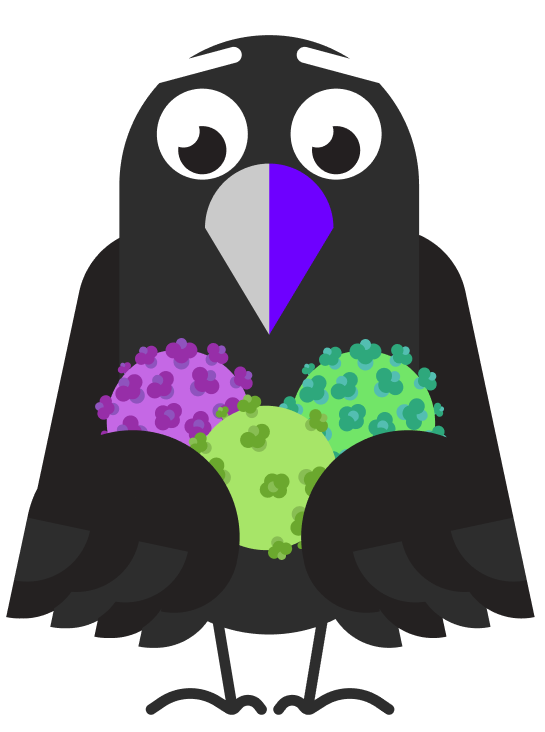 Rigorous Raven is holding 3 colord spheres with a confused look.