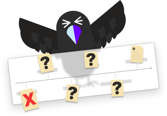 Rigorous Raven is frustrated with wings open, and is standing behind a timeline with file icons: the leftmost one has a red X, the one on the right has no markings, and the rest have question marks. The suggestion is that there is confusion about which file version implemented a fix.